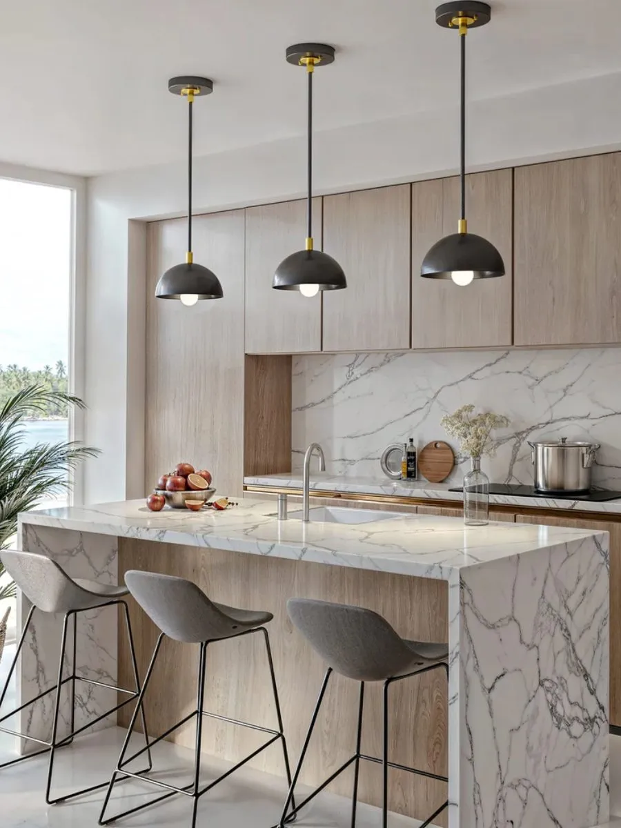 Modern kitchen with island and pendant lighting